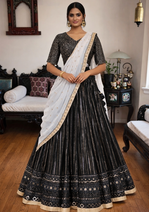 Black White Embroidered Lehenga